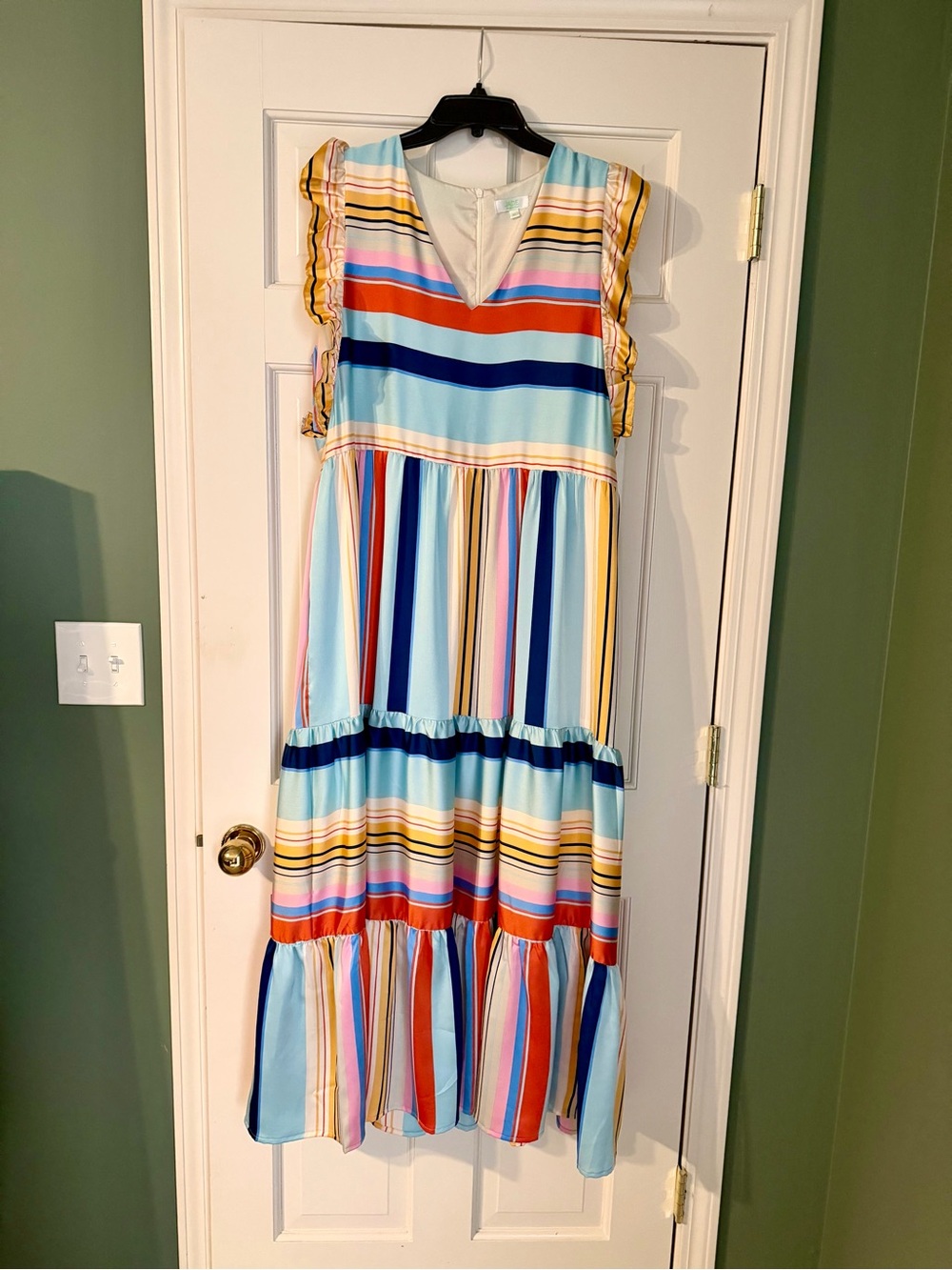 Jade Multi-Stripe Ruffle-Sleeve Tiered Maxi Dress